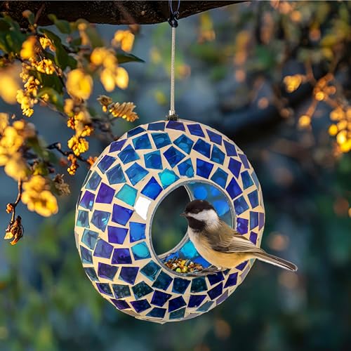 Sunnydaze Mosaic Glass Bird Feeder, Fly-Through, Blue Mosaic | 6" Small Unique Hanging Bird Feeder for Outdoors, Drainage Hole, Weather-Resistant, Birdfeeder for Cardinals, Jays, & Finches - color: Blue Mosaic