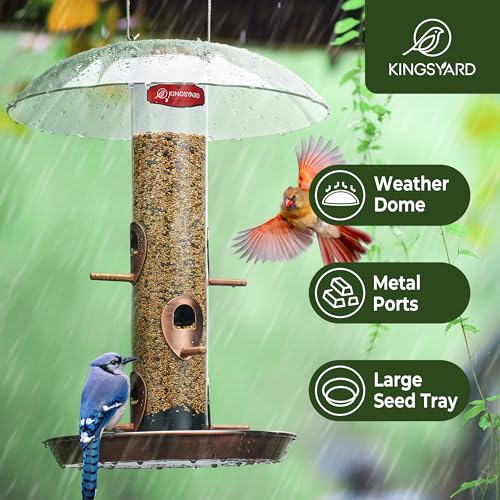 Kingsyard 6-Port Tube Bird Feeder for Outdoors Hanging | 9.5" Rustproof Metal Removable Tray, 11.5" Weatherproof Dome, 3 lb Seed Capacity, Garden & Backyard Birding Gift, Copper - color: Antique Copper