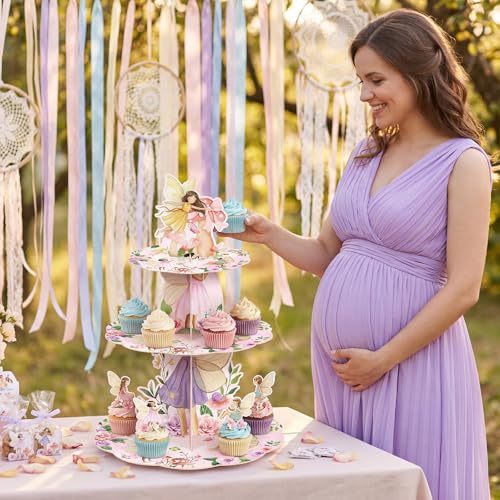 3 Tier Fairy Party Decoration Fairy Cupcake Stand Decoration Floral Cupcake Tower Woodland Garden Theme Cake Holder Table Display for Tea Birthday Party Supplies - style: Fairy