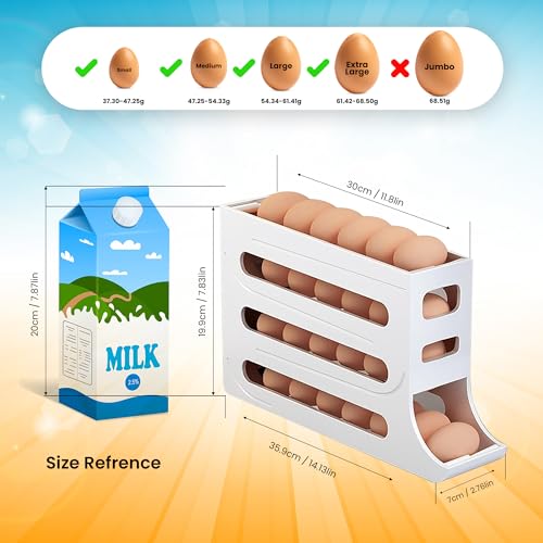 ZAYLAN Auto-Rolling Egg Holder for Fridge – 4-Tier Space-Saving Dispenser Holds 28 Eggs, White Organizer with FREE Flower Egg Cutter - color: WHITE