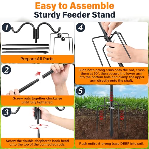 Heavy Duty Double Shepherds Hook for Outdoor, 78 Inch Adjustable Bird Feeder Pole with 5 Prongs Base, Stable Stand for Hanging Bird Feeder, Bird House, Wind Chime, Lantern & Light Plant, Anti-Rust - size: 78"