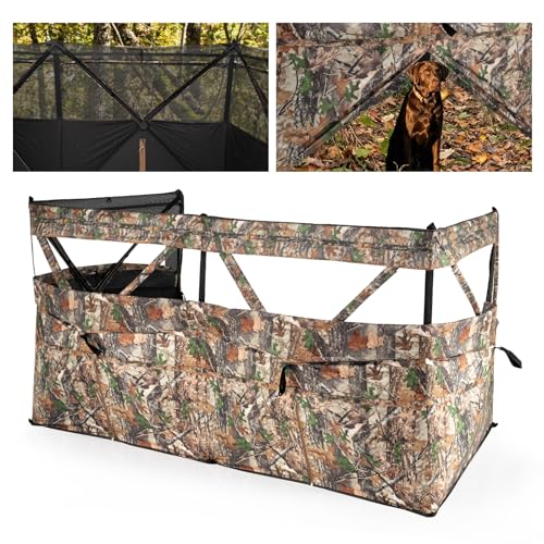 Goplus 4-Panel Hunting Blind, 3-Person See-Through Ground Blind Tent with Silent Windows, Dog Doors, Carrying Bag, Portable Resilient Field Camouflage Concealed Shelter for Duck Waterfowl Hunting