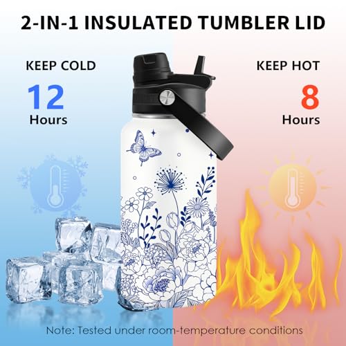 Blue Flower Gift for Women, 26oz Water Bottle with Handle for Girl Friends - color: Flower-Blue