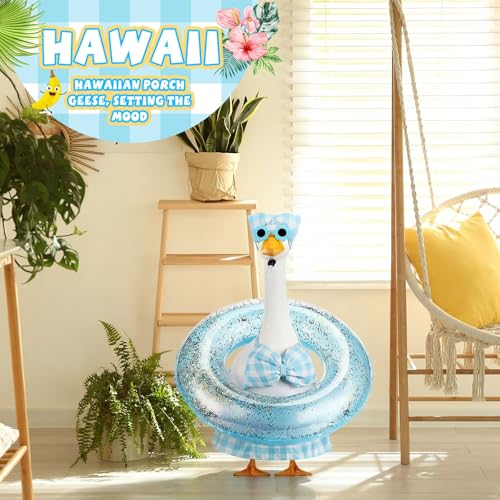 Bikini Porch Goose Outfits with Sunglasses and Swimming Tube for 23" Summer Goose Costume Garden Patio Statue Decor(Blue Plaid) - style: Blue Plaid
