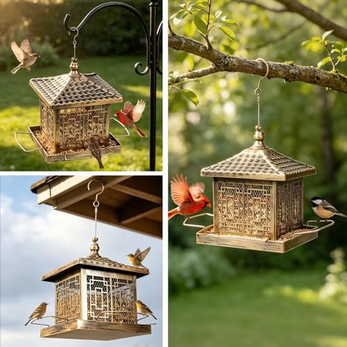 Metal Bird Feeder for Outdoors, 8.6LB Large Capacity Wild Bird Feeders Hanging for Outside, Rustproof Weatherproof with 4 Perches, Attract Cardinals Bluebirds Finches Chickadees Garden Decor