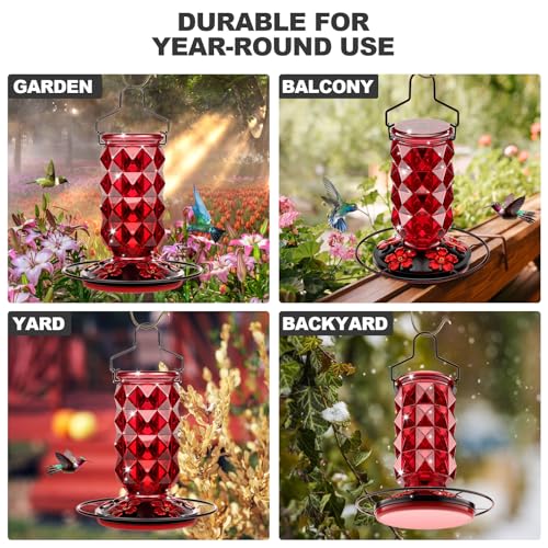 2 Pack Glass Hummingbird Feeders for Outdoors, 25 Ounces Wild Bird Nectar Feeder with Perch & 5 Flower Feeding Ports Leak Proof Hanging for Garden Backyard Decor, Gifts for Women Mom, Red & GreenBlue - color: 2 Pack Diamond Sparkling Red & GreenBlue