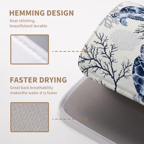 Nautical Coastal Dish Drying Mat Summer Beach Dish Pad for Kitchen Counter Ocean Coral Sea Turtle Absorbent Microfiber Dish Draining Reusable Washable Blue Dish Drainer Mat 16×18 Inch - color: Coastal Turtle, size: 16" x 18"