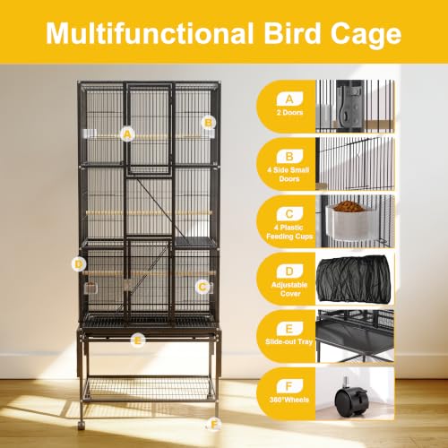 69-Inch Large Bird Cage with Dust Cover,Extra Large Bird Cages for Parakeet | Birdcages for Cockatiels Quaker Conure Lovebird Finch Canary Small Medium Parrot with Rolling Wheels,Black - color: Black