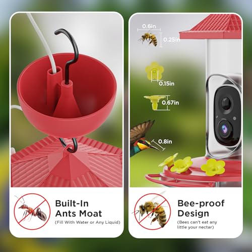 Smart Hummingbird Feeder with Camera, Wireless Bird Feeders | Solar Powered, AI Recognition, Instant Notifications, Feeder for Outdoor, Ideal Gift for Bird Lovers - color: Red