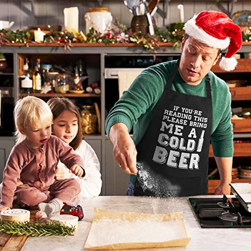 VAGAVY 100% Cotton, Black Funny Aprons for Men, Dad, Husband - Birthday, Father’s Day Grilling Gifts for Papa, Husband. - color: If You're Reading This Please Bring Me a Cold Beer - Black