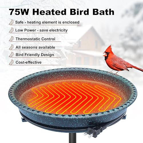 BIRD WISH Heated Bird Bath, Stable 5-Prong Metal Base Thermostat Control Weather Resistance All Seasons Available 75W Heated Bird Baths for Outdoors for Winter Garden Yard Patio Lawn, Spotted Green - color: Spotted Green