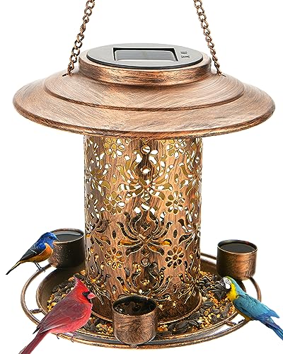 Solar Bird Feeders for Outdoors, Metal Hanging Bird Feeder with 3 Water Cups,Rust Resistant, Solar Garden Lantern for Outdoors Decor,The Perfect Choice for Gift(2.5LB)