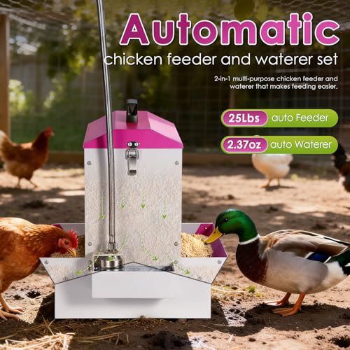 25Lb Metal Chicken Feeder and Waterer Set Automatic No Waste Galvanized Poultry Duck Feeder with Auto Water Dispenser for Outdoor Coop