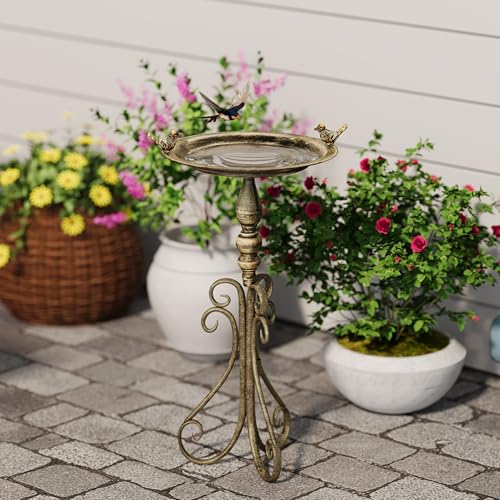 24" Vintage Metal Bird Bath Bowl with Stand | Pedestal Birdbath with Cast Iron Birds, Antique Brass Feeder for Garden, Patio, Backyard & Lawn