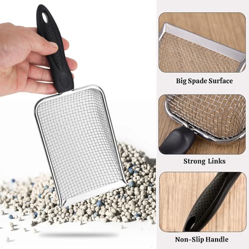 2 Packs Litter Scoop Stainless Steel Mesh Poop Scooper,Metal Litter Box Pooper Scoop Shovel with 2.0mm & 3.8mm Mesh for Dog,Cat,Rabbit,Hamster, Reptile, Sand and Litter Poop Sifter