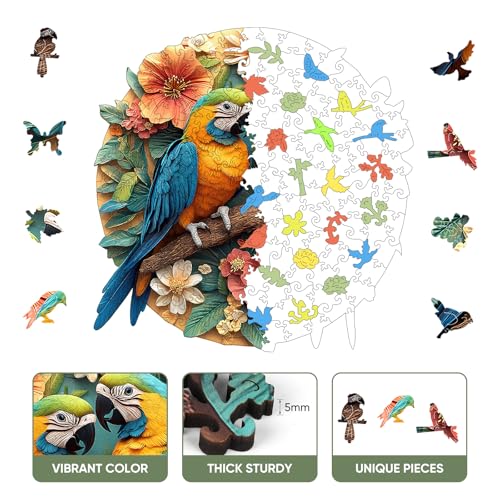 Ruikiyart Jigsaw Puzzles for Adults, Bird Wooden Puzzles, 200 Pieces | 5 mm Thick Parrots Puzzle, Unique Shaped Round Jigsaw Puzzles, Holiday Family Games Kids Birthday Gifts(11"*11.2") - color: Parrots, size: 200 Pieces