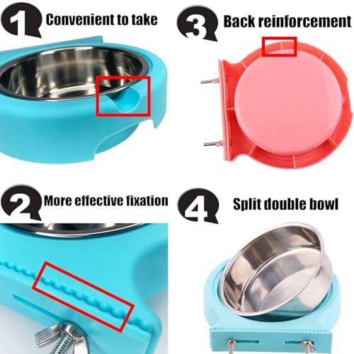 kathson 2 Pack Crate Dog Bowl Removable Stainless Steel Water Food Bowl Hanging Pet Cage Coop Cup for Rabbit Cat Puppy Bird Bunny Small Animals