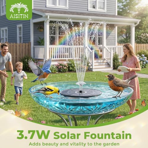 AISITIN 3.7W Solar Bird Bath Fountains with Upgraded 6.3" Glass Panel | Solar Water Fountain Pump with Integrated Bracket & Storage Design for Garden, Pond, Aquarium and Outdoor Use