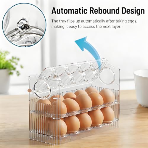 Egg Holder for Fridge, Holds 30 Eggs, Clear | 3-Tier Stackable, Egg Organizer for Refrigerator, Date Tracker & One-Hand Access, BPA-Free PET