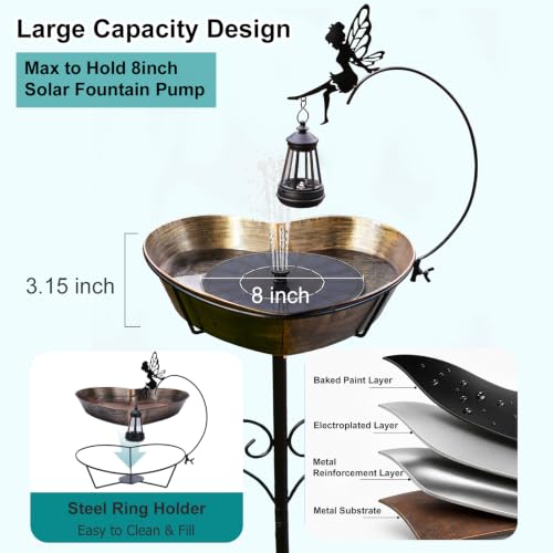 Bird Bath with Solar Lantern - 3.2" Deep, 13.8" Removable Bowl | Vintage copper finish, 35.7" rust-resistant 5-pronged stake, romantic garden gifts for bird lovers, mom, or grandparents