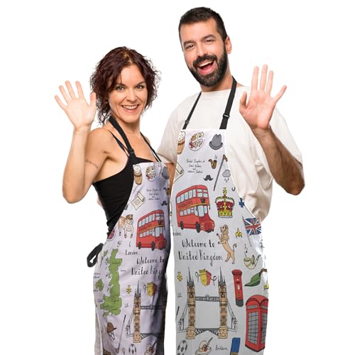 Barista Apron Women London Elements British Symbols Fun Aprons for Men for Kitchen Cooking Restaurant BBQ Painting Crafting Gardening 27” (W) x 31” (H), Waterproof Apron - color: London Elements Symbols