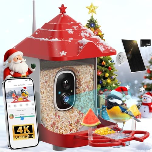 Smart Bird Feeder with Camera, Solar Panel & 5200mAh Battery, 4K HD Video, AI Identification, Instant Arrival Alerts & Alarm, IP65 Weatherproof, 32GB Card, 2L Capacity, for Bird Lover - color: Red