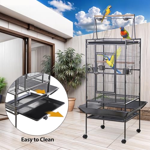HSM 68 Inch Wrought Iron Large Bird Flight Cage with Rolling Stand | Bird Flight Cage Casters, Slide-out Tray for African Grey Parrot Parakeets Canaries Parrot Cockatiels Lovebirds Conures