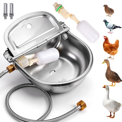 Metal Automatic Chicken Waterer, Duck Waterer No Mess | Stainless Steel Outdoor Wall Mounted Chicken Water Dispenser with Float Valve, Hose and Drain Plug for Chicken Coop