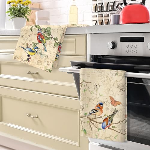 Vintage Birds Tea Towels, 100% Cotton Kitchen Towels, Set of 4 | 18.9 x 27.5 in / 48 x 70 cm, Lightweight Woven Dish Cloth with Retro Birds Print for Bird Lovers, Hostess Gift - color: Retro Birds