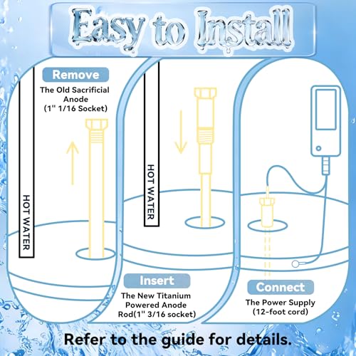 Powered Anode Rod, for 40-89 Gallon Water Tank Except Bradford White | Titanium Electrical Anode Rod for Water Heater, Prevent Inner Tank Corrosion and Stop Leaks,Reduce Sediment Buildup and Scale
