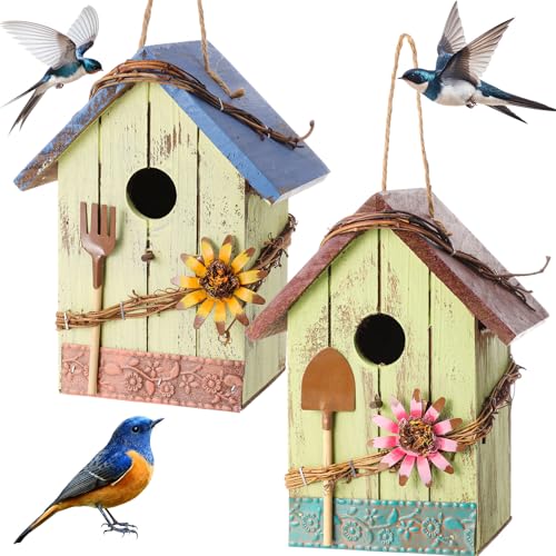 DoubleFill 2 Pcs Birdhouses for Outdoor Hanging Yard Outside Wooden Birdhouse Hand Painted Bird Box for Bird Lovers Bluebird Tree Garden Decor Decorative Birdhouse(Light Color,Wooden Roof) - color: Light Color, size: Wooden Roof