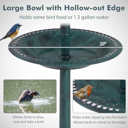 Solar Bird Bath, Pedestal Bird Bath with Bird Feeder, Flower Planter Base, and Solar Powered Lamp, Standing Birdbath for Outdoors, Garden, or Yard, 42 Inch Tall (Green) - color: Green