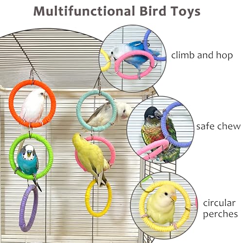 6-Ring Bird Swing Toy for Cage, DIY Cotton Rope for Parrot Soft Grip | Adjustable Colorful Perch, Hanging Parakeet Toys, Interactive Multi-Bird Swing and Climb for Budgies, Lovebirds, Cockatiels