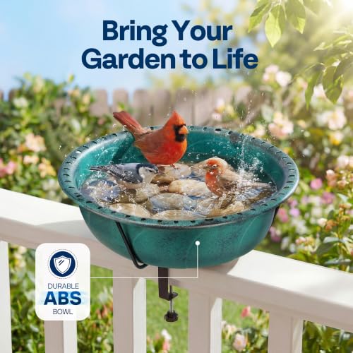 VIVOHOME Deck-Mounted Bird Bath with Adjustable Metal Clamp, Green | Weather-Resistant ABS, 1.45-Gallon Capacity, for Railing/Fence/Balcony, Bird-Friendly, Easy to Clean - color: Green, size: Birdbath Only