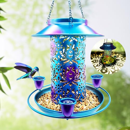 Solar Bird Feeder for Outdoors, 3 Nectar Cups for Hummingbirds, Metal Squirrel-Proof Weatherproof, 2-in-1 Garden Lantern Auto Light at Night, Perfect for Birthdays, Christmas, Bird Lovers
