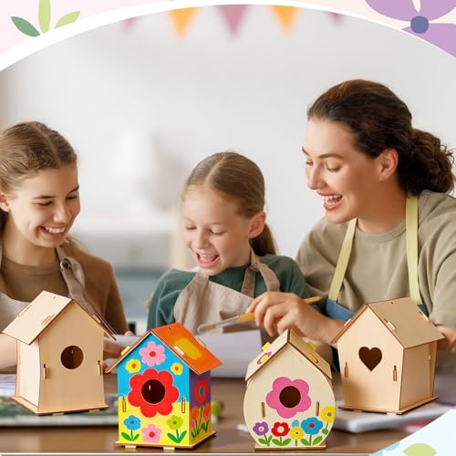 48 Pack Wooden Bird Houses to Paint DIY Crafts Unfinished Birdhouse Bulk Build Art Painting Bird House Sets Hanging Ornaments for Tree Crafts Project Creative Activity Party Gifts