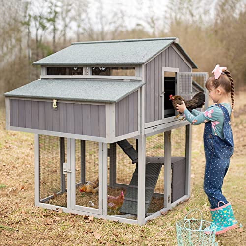 GUTINNEEN Chicken Coop with Run for 4-6 Chickens, 26ft² Large Hen House with Nesting Box, Foldable Poultry Cage with Pull Out Tray and Waterproof Roof, Easy to Assemble - color: Grey with Run 26.4ft²