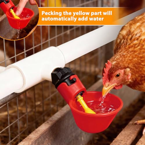 6 Packs Chicken Waterer Cups with PVC Tee Fittings, 1/8 Inch FTP Threads | Keep Clean Water, Automatic Poultry Feeder Cups Water Feeder for for DIY 1/2" Pipe System Chicks, Duck, Goose, Quail