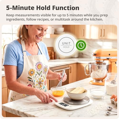 Greater Goods Digital Kitchen Scale for Baking, Sourdough, 11lb Capacity | Weigh Flour, Sugar & Batter in g, oz, ml or fl oz, Tap to Tare, Hold Function & Auto-Off, Stainless Steel Top & Storage Bag - color: White
