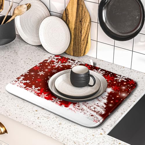 Happy New Year Red Dish Drying Mat for Kitchen Counter,Merry Christmas Tree Snowflake Drying Mat 16 x 18 Inch with High Absorbent Reversible Microfiber Dish Drying Pad Drainer Mat for Coffee Bar - color: Happy New Year, size: 16" x 18"