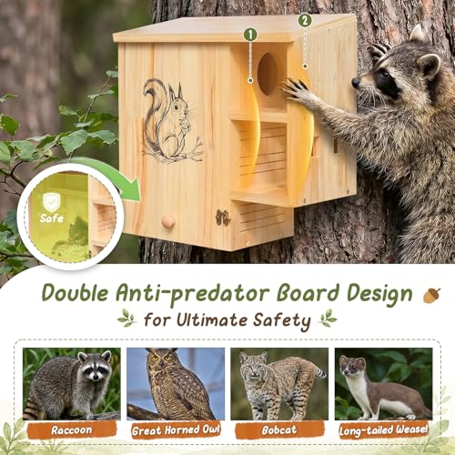 Large Squirrel House for Outside, Wooden Squirrel Nesting Box | Solid Pine Den Box, Predator Guard & Easy-Clean Front Door, Enhanced Protection, Backyard Habitat Shelter for Outdoor Winter - size: Large