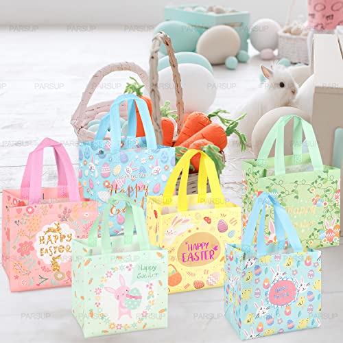 12PCS Happy Easter Egg Hunt Bags Easter Bunny Carrot Chick Egg Gift Bags with Handles, Easter Treat Bags, Easter Party Supplies , 8.3×7.9×5.9inch - color: Foil Blue Yellow Pink