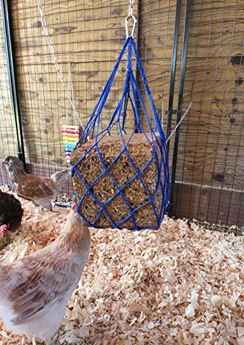Blue Chicken Coop Flock Block Bird Seed Hanging Bag Veggie Treat Holder - Poultry Feeder Toy Accessories Cabbage Bowl Sack - Holds 25 lb Pound Bird Seed Blocks, Poultry Run Wildlife Feeder