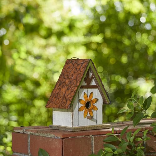 Glitzhome Bird Houses for Outside, Blue Bird Houses for Outdoors, 8.25" H Solid Wood Decorative Hanging Bird House Distressed Cottage Outdoor Garden Birdhouse with 3D Metal Roof and Flower - color: 8.25"H Flower
