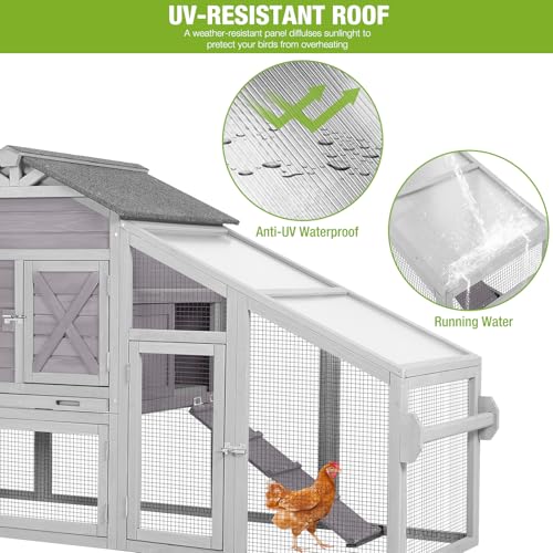 GUTINNEEN Mobile Chicken Coop for 2-4 Chickens with Wheels, Expandable Large Hen House with Run, UV-Protected Roof, Divided Nesting Boxes, Easy One-Person Move, Grey - color: Grey, size: 65.2"L x 26.4"W x 47.6"H