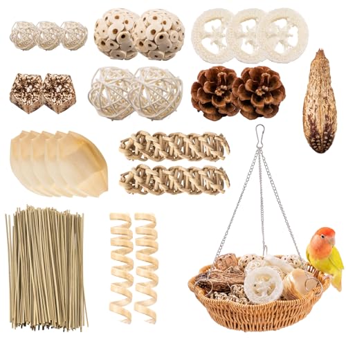 26PCS Bird Foraging Toys Set with Hanging Rattan Basket, Natural Shreddable Chew Toys, Relieve Boredom, for Parakeets, Budgies, Cockatiels, Conures, Lovebirds, Small Medium Parrots
