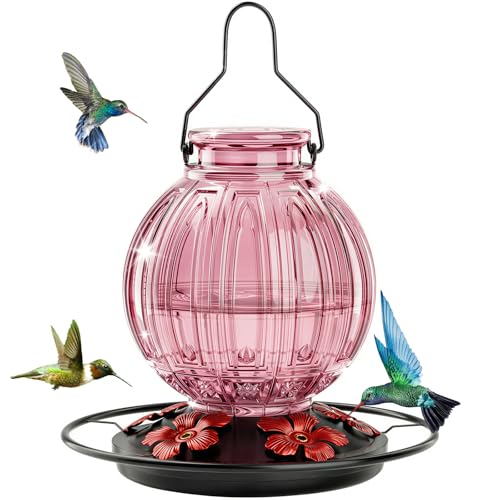 Glass Hummingbird Feeder for Outdoors Hanging, 26 fl oz Bird Nectar Feeder | 5 Metal Flower Feeding Ports, 360° Perch Ring, Easy Refill & Clean, Leakproof, Ideal for Backyard Garden Outdoor Decor, Pink - color: Pink