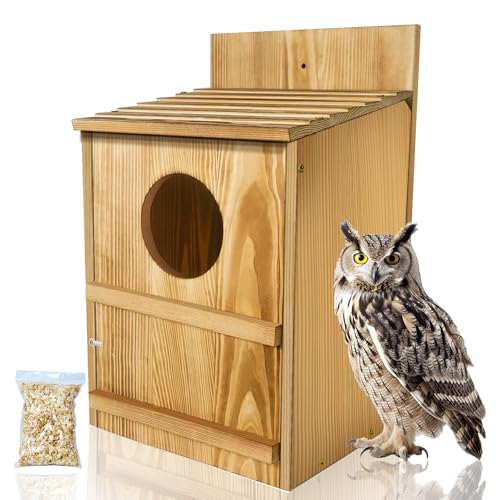 Owl House,Wooden Owl Box,Owl Houses for Outdoors, Suitable for Screech Owl Nesting Box and Kestrels, Easy Assembly with Circular Opening, Includes Mounting Screws and Wood Shavings