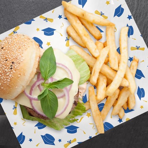 JarThenaAMCS 150 Pcs Graduation Wax Paper 2026 Grad Cap Blue Gold Deli Wrap Waterproof Oil-Proof Basket Liner for Food Sandwich Picnic Party Kitchen Supplies - color: Graduation