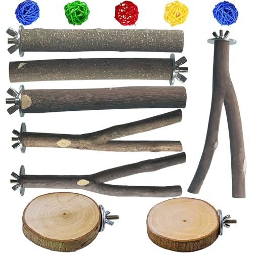 8 PCS Natural Wood Bird Perches Stand for Cage, 5 PCS Parrot Rattan Balls, Wooden Hanging Multi-Branch Perches Platform, Hammock Swing Toy for Parakeets, Budgies, Cockatiels, Conures, Macaws (13 PCS)